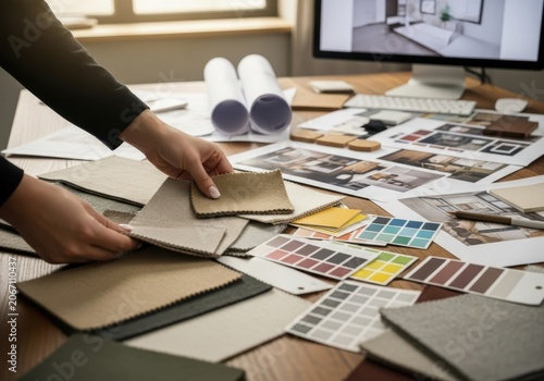 Interior designers hands selecting fabric swatches and color samples from a wooden desk cluttered with design materials and mood boards
