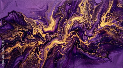 Vibrant purple and gold swirling patterns create an abstract illustration.
