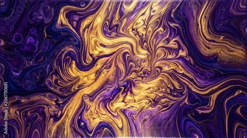 Vibrant purple and gold swirling patterns create a mesmerizing abstract illustration.