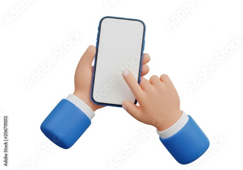 3d cartoon hands holding a smartphone with a blank white screen, isolated on white background