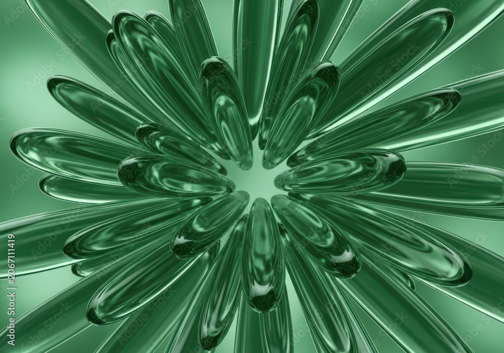 Fototapeta premium Abstract green metallic fractal explosion, closeup view of a geometric crystalline structure