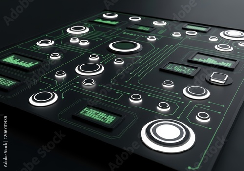 Futuristic circuit board with glowing green lines and circular elements on a dark background, representing technology and innovation