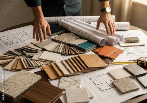 Interior designers table with material samples, blueprints, and tools, symbolizing creativity and planning in home renovation