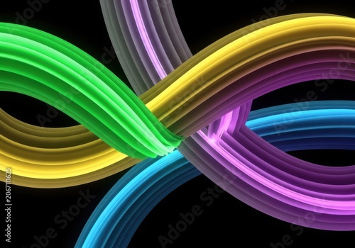 Abstract colorful swirling ribbons forming an intertwined pattern against a dark background, representing fluidity and motion