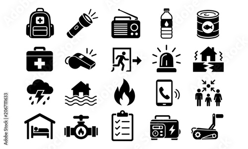 Schilderij op canvas Disaster preparedness and evacuation icon set