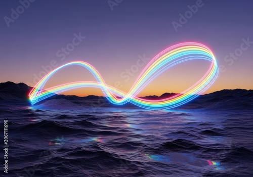 A vibrant rainbowcolored infinity loop light trail over a dark, wavy ocean at sunset, symbolizing endless possibilities and beauty