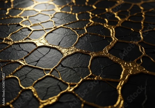 Closeup of a textured dark surface with a golden network pattern, resembling kintsugi