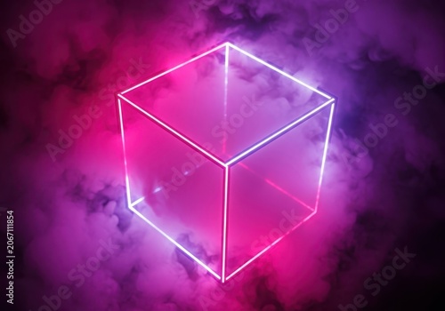 Abstract glowing neon cube in pink and purple smoke, futuristic concept
