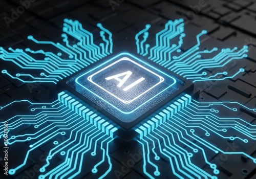 Abstract glowing blue ai chip with intricate circuits on a dark background, symbolizing artificial intelligence and technology