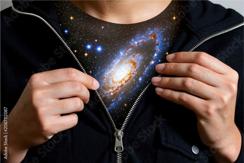Zipper Skin, A person unzipping their skin to reveal a galaxy of stars underneath. Cosmic surrealism.