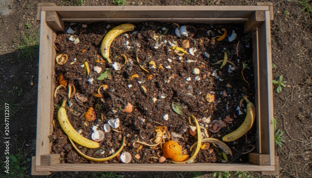 Naklejka premium A high-angle view of a wooden compost bin filled with rich soil, organic food waste like banana peels, eggshells, and orange rinds, representing sustainable gardening and recycling practices.