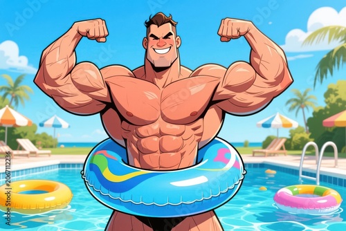 Inflatable Muscles, A bodybuilder posing, but their muscles are pool floaties. Humorous caricature.