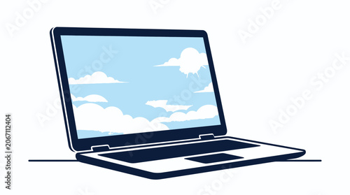 Open laptop displaying a cloudy blue sky on the screen