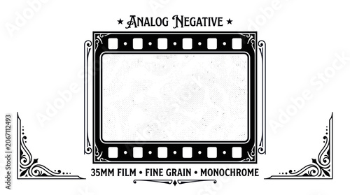 Vintage 35mm film strip frame with ornate borders and grain texture