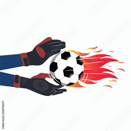 Goalkeeper hands catching a flaming soccer ball in motion vector illustration