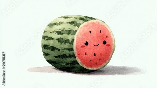 Smiling watermelon with a slice cut out, watercolor illustration