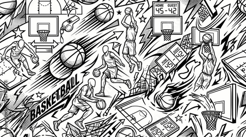 Basketball players and equipment in a seamless action doodle pattern