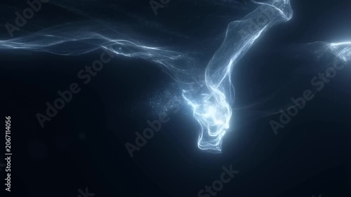 Ethereal Dragon's Breath: A majestic dragon formed from glowing, wispy blue smoke drifts in the darkness, its form suggesting a powerful mythical creature in an abstract and mystical display.