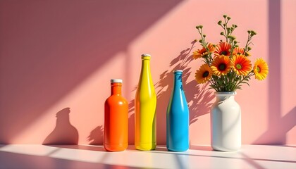 Vases with flowers in them sitting on a shelf, interior design home decoration boutique shop bloom botany plants cozy household lifestyle asset