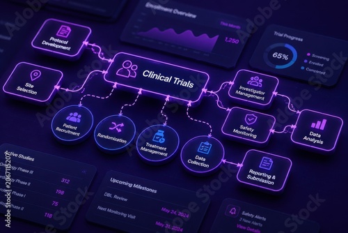 Complex flowchart illustrating the clinical trials process for medical research and development