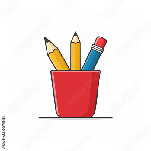 Flat design illustration of a red pencil holder with pencils and