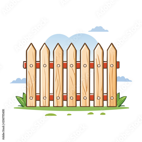 Cartoon Wooden Picket Fence with Grass and Sky