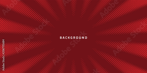 Abstract Red Halftone Dot Pattern Background with Retro Comic Sunburst Radial Rays and Center Copy Space Texture