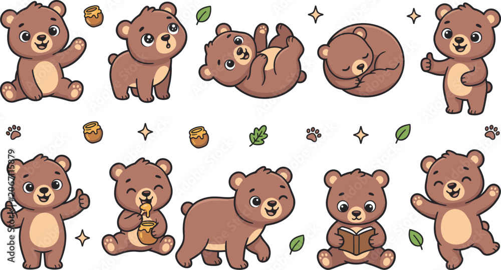 Obraz premium Cute Cartoon Bear Collection Set with Adorable Forest Animals Reading Sleeping Playing and Holding Honey Vector Illustration