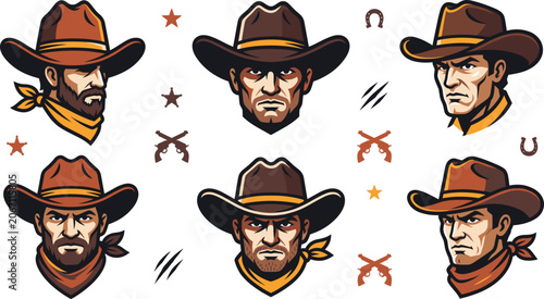 Obraz na plátně Cowboy Character Collection Set with Western Sheriff Faces Vintage Wild West Mas