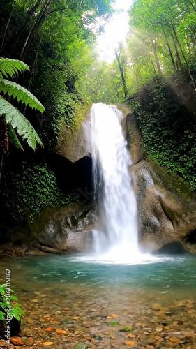 Sunbeams shining over a tropical waterfall in the jungle