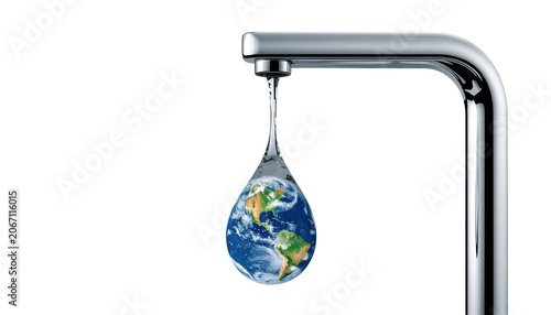 Chrome faucet with Earth shaped water drop isolated PNG environmental concept
