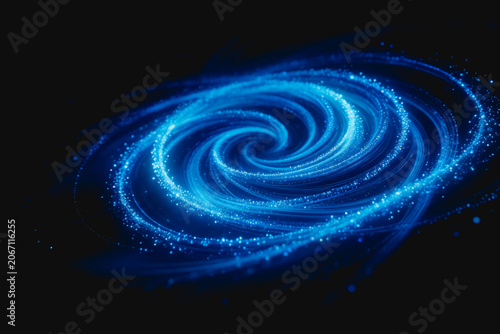 A digital illustration of a glowing blue spiral particle structure mimicking a galaxy, set against a dark cosmic background.