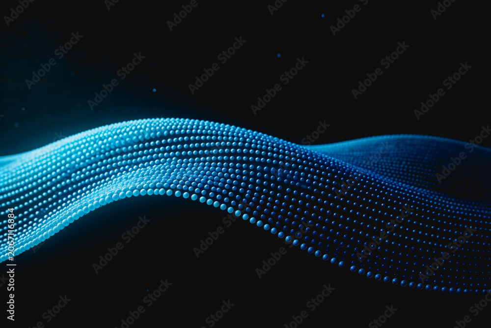 A dynamic glowing blue particle wave curves against a dark background, representing digital data flow and futuristic technology.