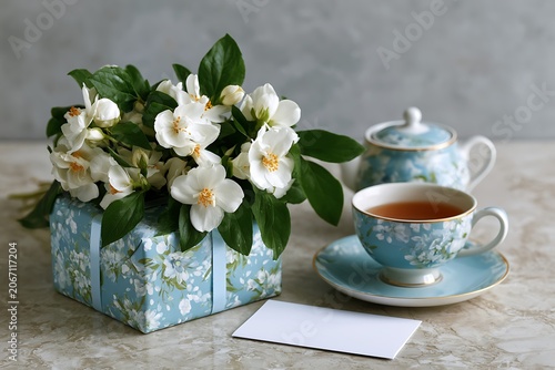 Elegant floral arrangement in gift box with tea cup and pot on marble surface for serene moments