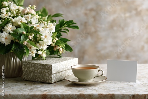 Elegant tea cup beside white flowers and decorative box on marble table with blank note card
