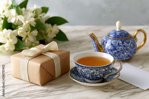 Elegant tea setup with porcelain cup, teapot, gift box, and flowers on marble surface