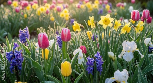 Vibrant Spring Flower Garden with Tulips, Daffodils, and Hyacinths in Bloom.