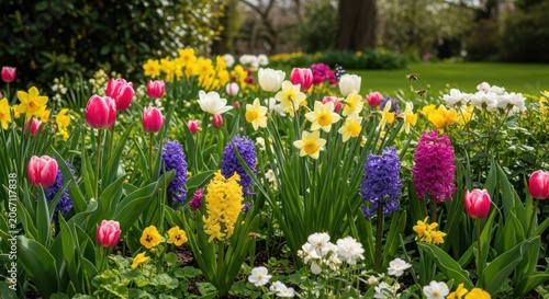 Vibrant Spring Flower Garden with Tulips Daffodils and Hyacinths in Bloom.