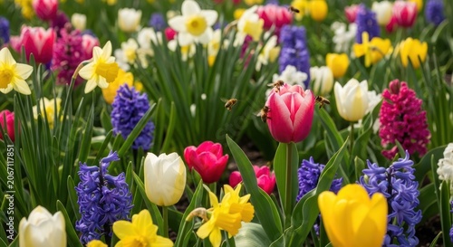 Vibrant Spring Flower Garden with Tulips, Daffodils, and Hyacinths in Full Bloom.