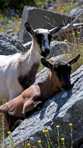 Two goats resting on gray mountain rocks outdoors.