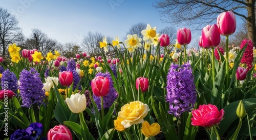 Vibrant Spring Flower Meadow with Tulips and Hyacinths in Full Bloom.