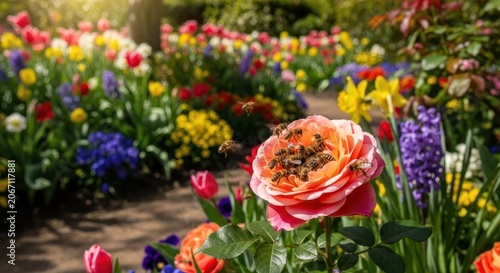 Vibrant Spring Garden Bursting with Colorful Tulips and Ranunculus Flowers.