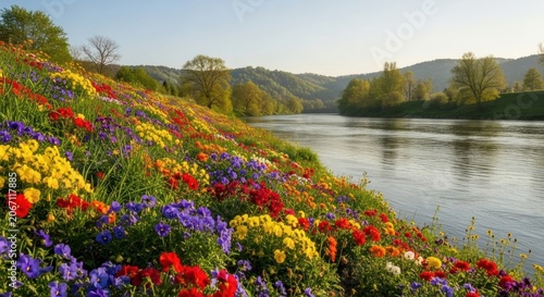 Vibrant Spring Flowers Bloom on a Lush Hillside Overlooking a Serene River.
