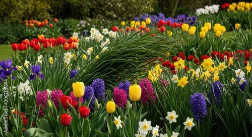 Vibrant Spring Garden Bursting with Colorful Tulips Daffodils and Hyacinths.