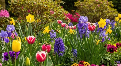 Vibrant Spring Garden Bursting with Colorful Tulips Daffodils and Hyacinths.