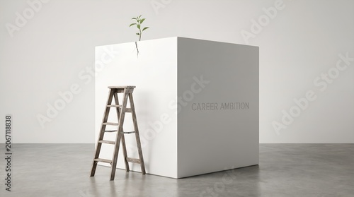Minimalist business concept of career growth with a ladder and a plant on a white cube