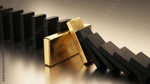 Gold Innovation Block Stopping Falling Black Dominoes Chain Reaction Leadership Strategy