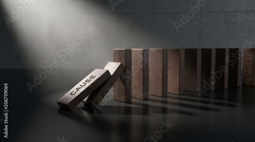Symbolic 'CAUSE' block triggering a profound domino chain reaction, casting extensive shadows in a dramatic spotlight