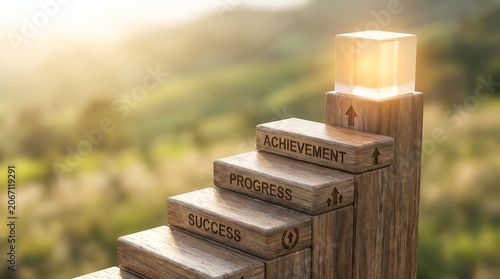 Ascending illuminated wooden steps symbolizing an individual's dedicated journey toward ultimate success and achievement
