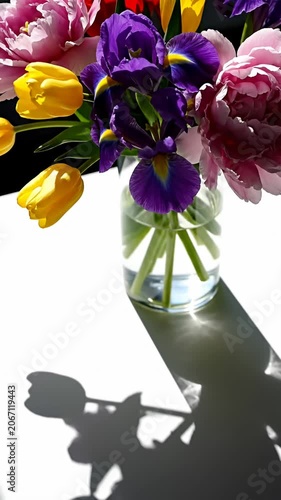 Vibrant spring bouquet with tulips and irises in vase.